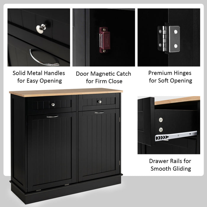 Rubber Wood Kitchen Trash Cabinet with Single Trash Can Holder and Adjustable Shelf-Black