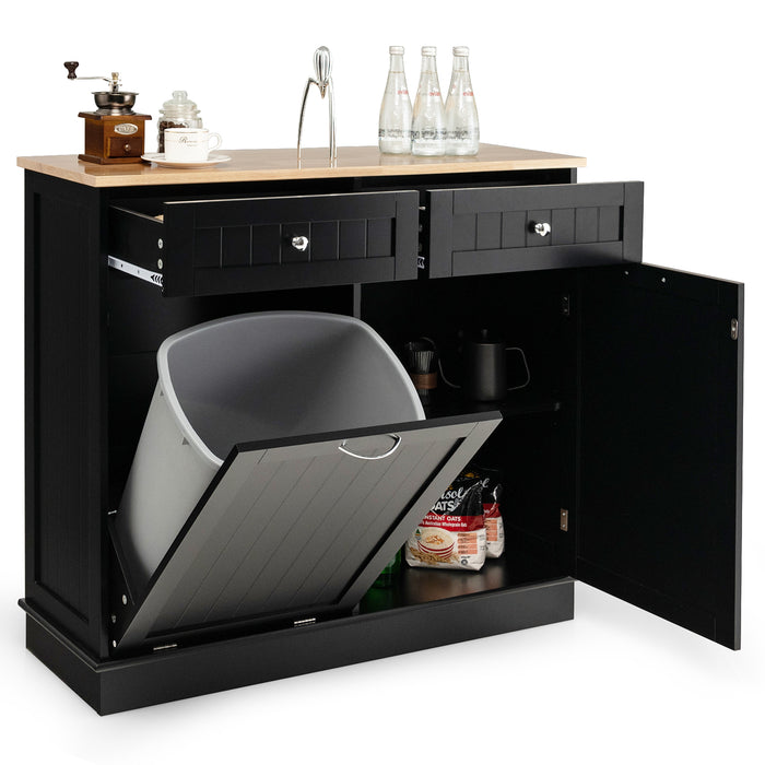 Rubber Wood Kitchen Trash Cabinet with Single Trash Can Holder and Adjustable Shelf-Black