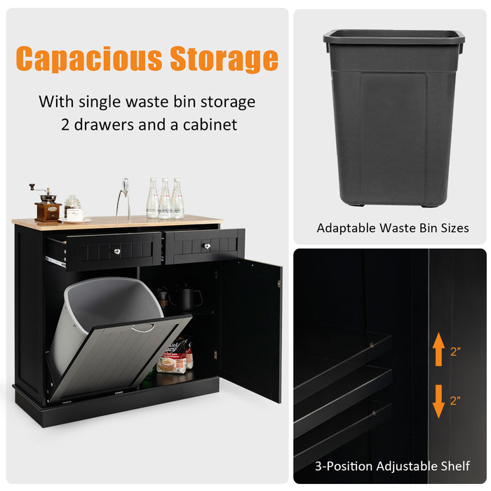 Rubber Wood Kitchen Trash Cabinet with Single Trash Can Holder and Adjustable Shelf-Black