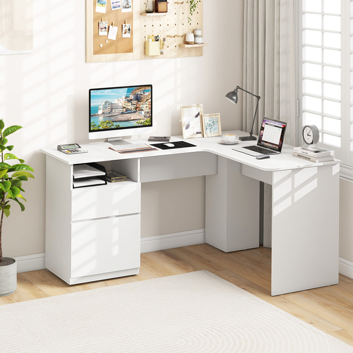 L-Shaped Computer Desk with Letter File Drawer-White