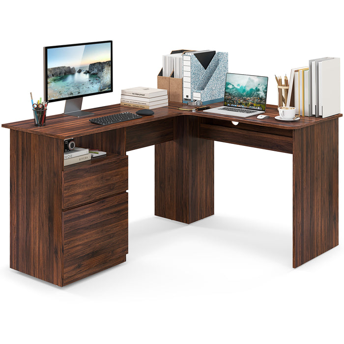 L-Shaped Computer Desk with Letter File Drawer-Walnut