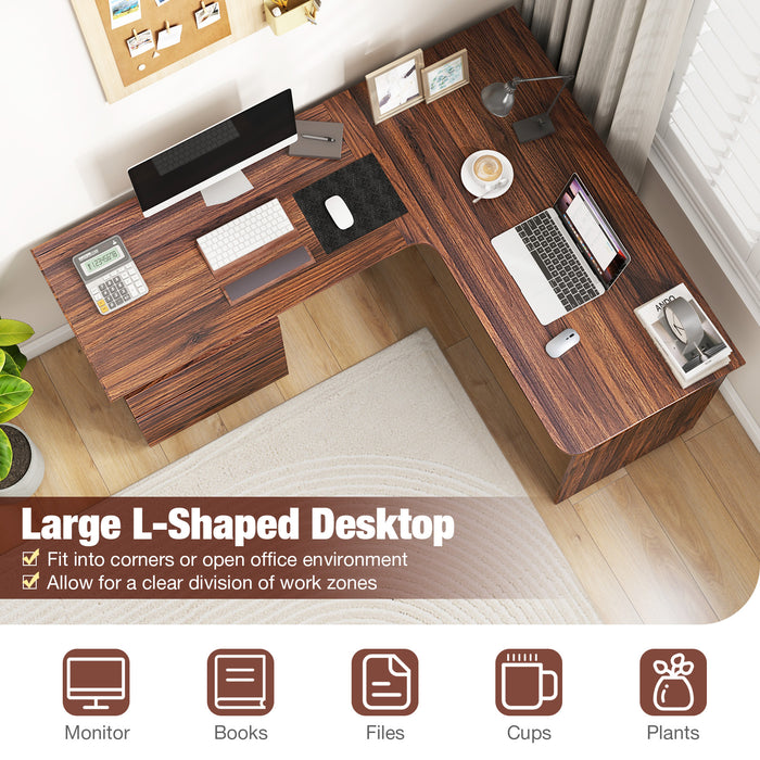 L-Shaped Computer Desk with Letter File Drawer-Walnut