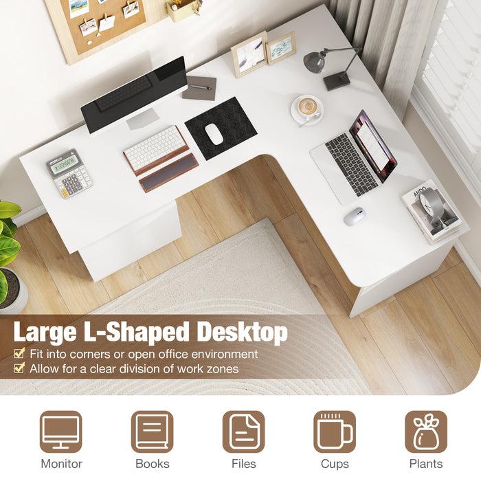 L-Shaped Computer Desk with Letter File Drawer-White