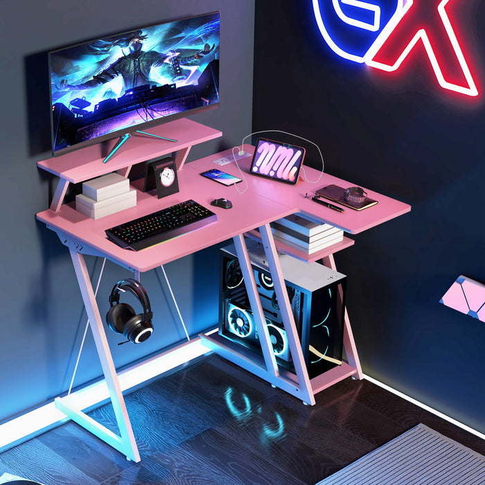 L Shaped Gaming Desk with Outlets and USB Ports-Pink