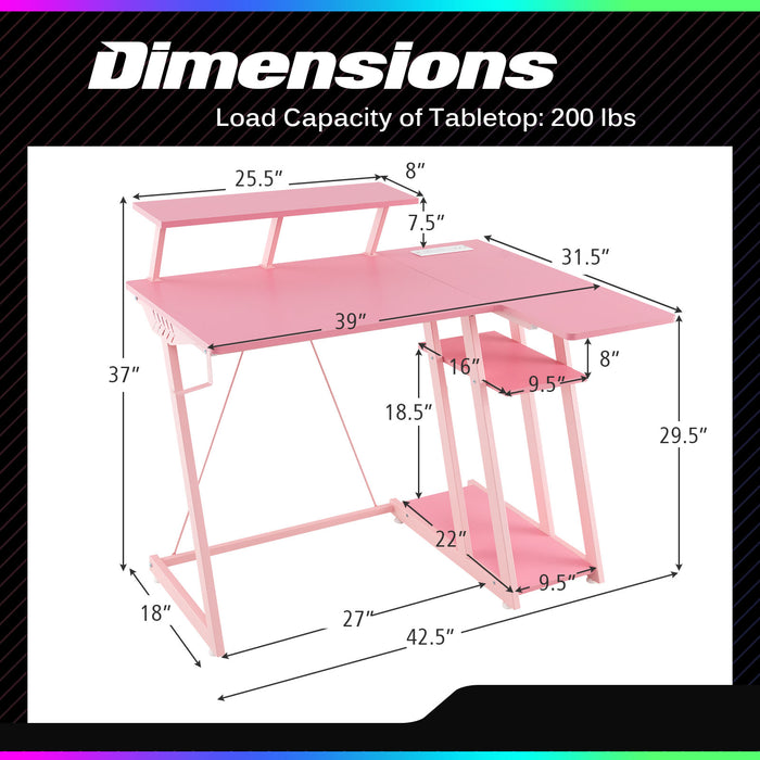 L Shaped Gaming Desk with Outlets and USB Ports-Pink