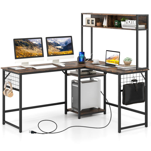 L-shaped Desk with Power Outlet Hutch-Rustic Brown