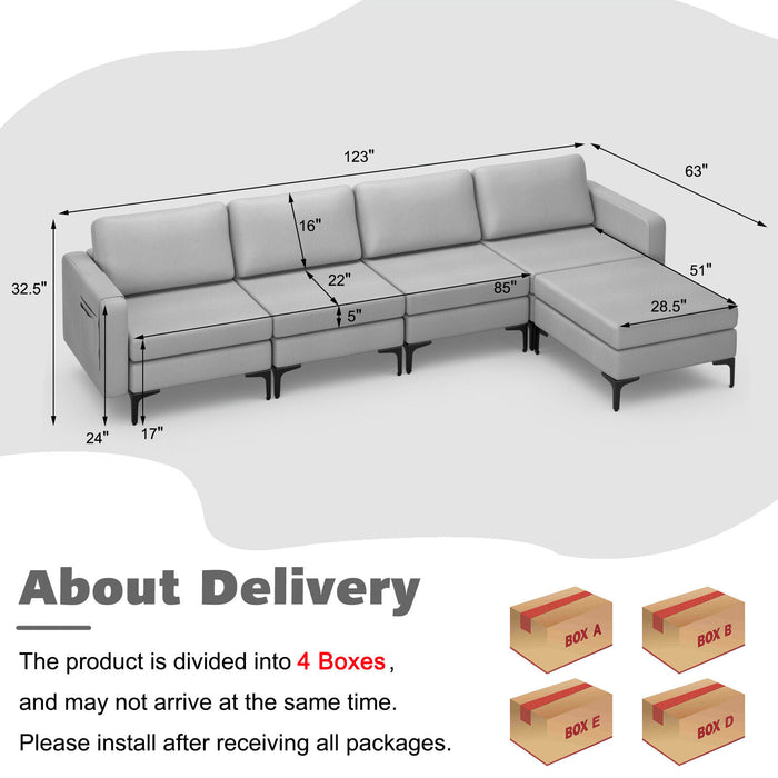 Modular L-shaped Sectional Sofa with Reversible Ottoman and 2 USB Ports-Light Gray