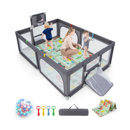 Large Baby Playpen with Mat and Ocean Balls-Dark gray