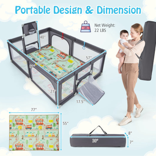 Large Baby Playpen with Mat and Ocean Balls-Dark gray