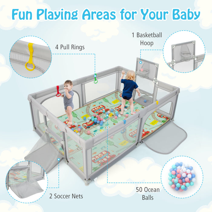 Large Baby Playpen with Mat and Ocean Balls-Light gray