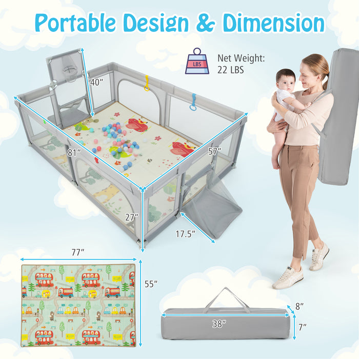 Large Baby Playpen with Mat and Ocean Balls-Light gray