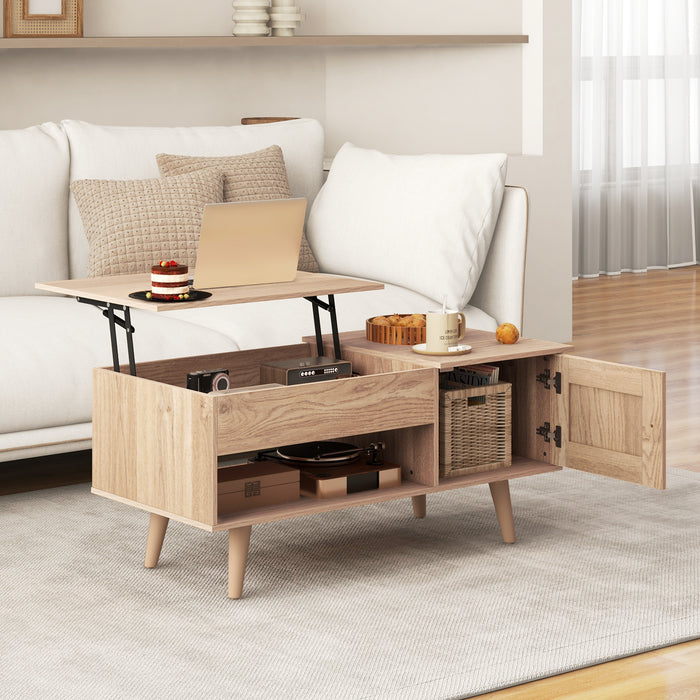 Lift Top Coffee Table with Storage and Hidden Compartment-Natural