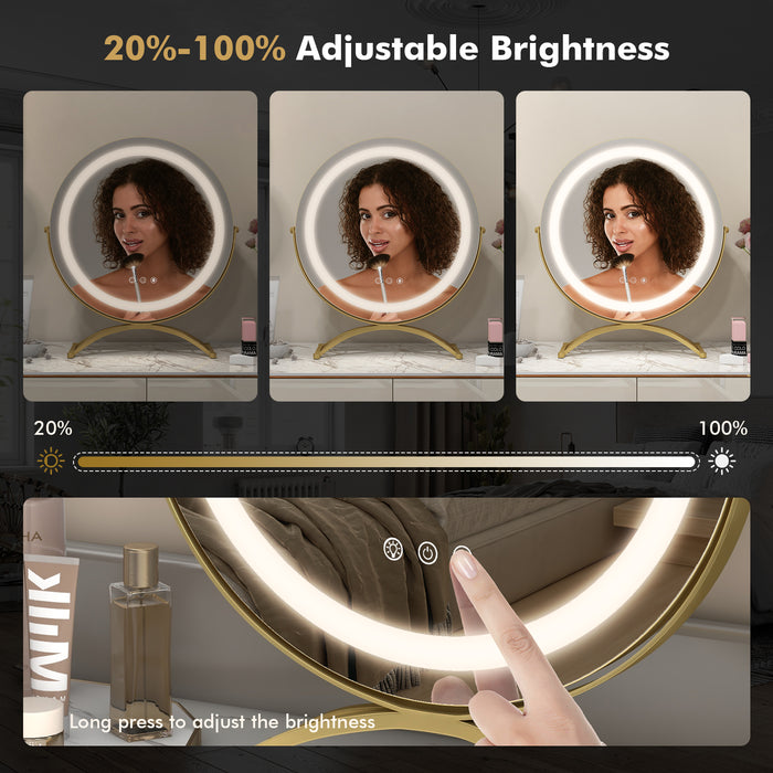 16 x 16 Inch Round LED Vanity Mirror with 3-Color Lighting and Brightness Dimming-Golden