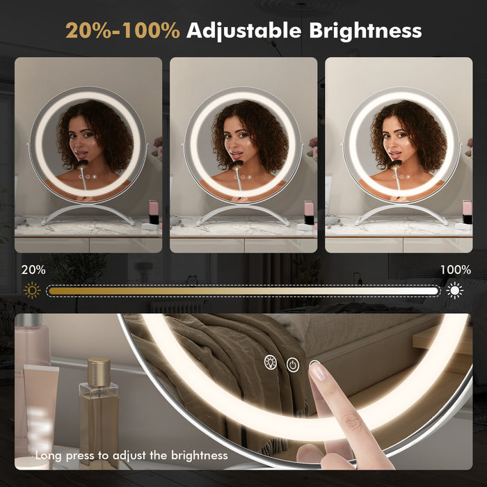 16 x 16 Inch Round LED Vanity Mirror with 3-Color Lighting and Brightness Dimming-White