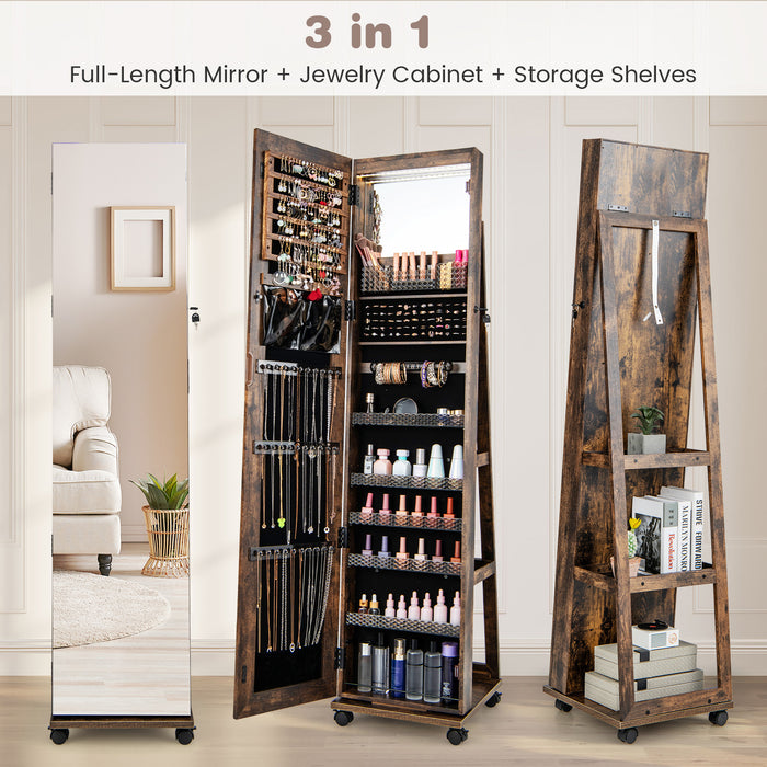 64 Inches Lockable Jewelry Cabinet Armoire with Built-in Makeup Mirror-Coffee