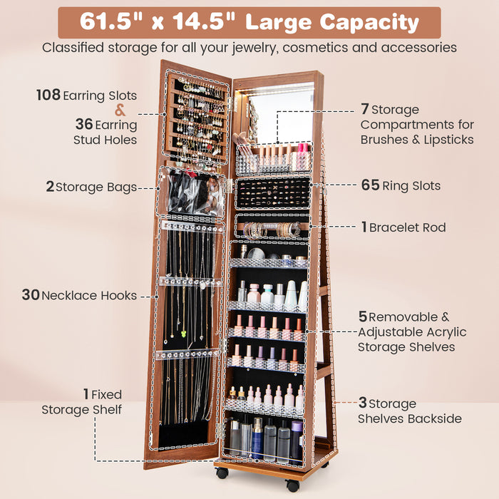 64 Inches Lockable Jewelry Cabinet Armoire with Built-in Makeup Mirror-Brown