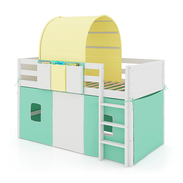 Twin Size Loft Bed Playhouse Bed Frame with Tower Tent and 3 Storage Pockets-Turquoise