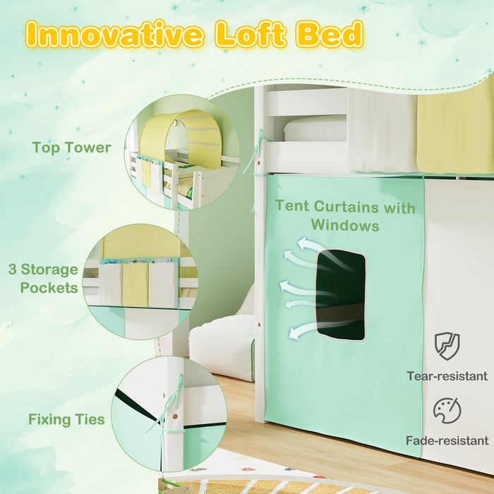 Twin Size Loft Bed Playhouse Bed Frame with Tower Tent and 3 Storage Pockets-Turquoise