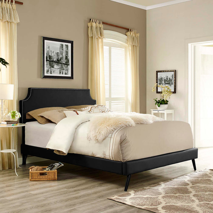 Corene Queen Vinyl Platform Bed with Round Splayed Legs