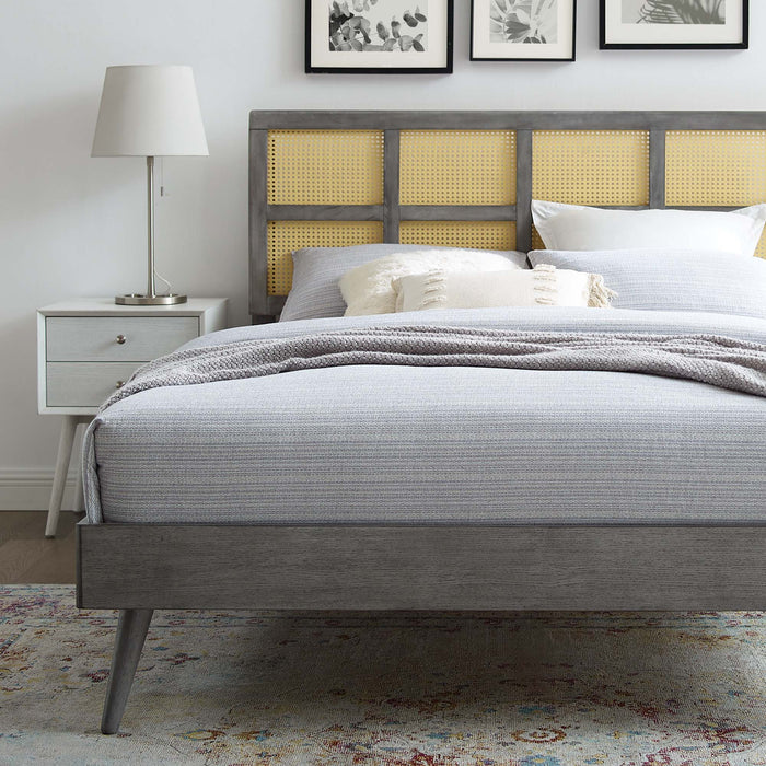 Sidney Cane and Wood Full Platform Bed With Splayed Legs