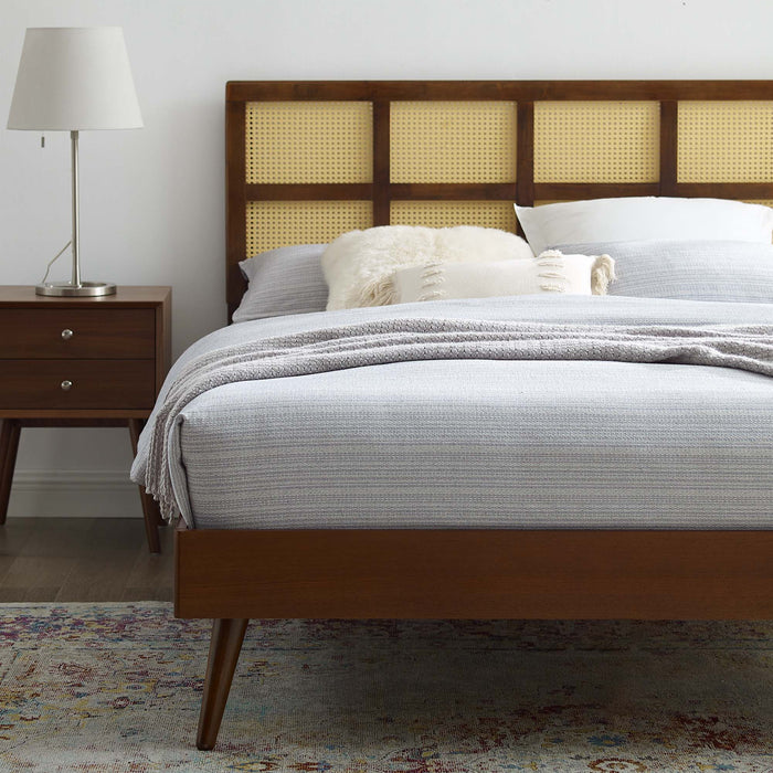 Sidney Cane and Wood Full Platform Bed With Splayed Legs