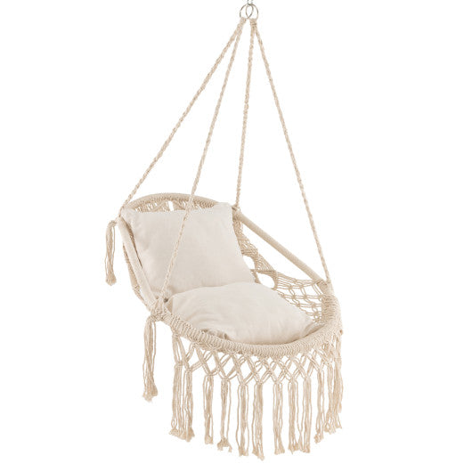 Hanging Hammock Chair with Soft Seat Cushions and Sturdy Rope Chain-Beige