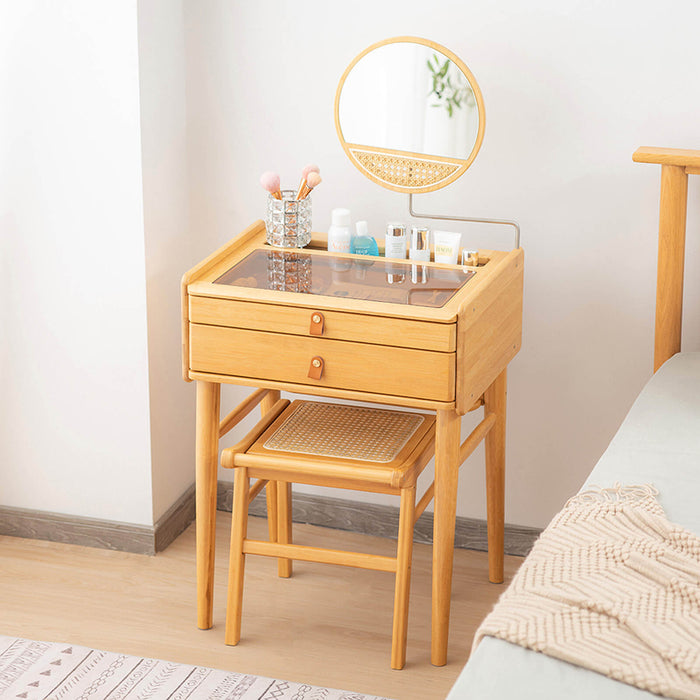 Bamboo Makeup Vanity Table with Stool and Rotating Mirror