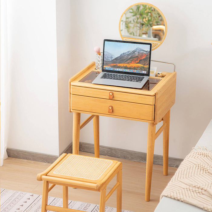 Bamboo Makeup Vanity Table with Stool and Rotating Mirror