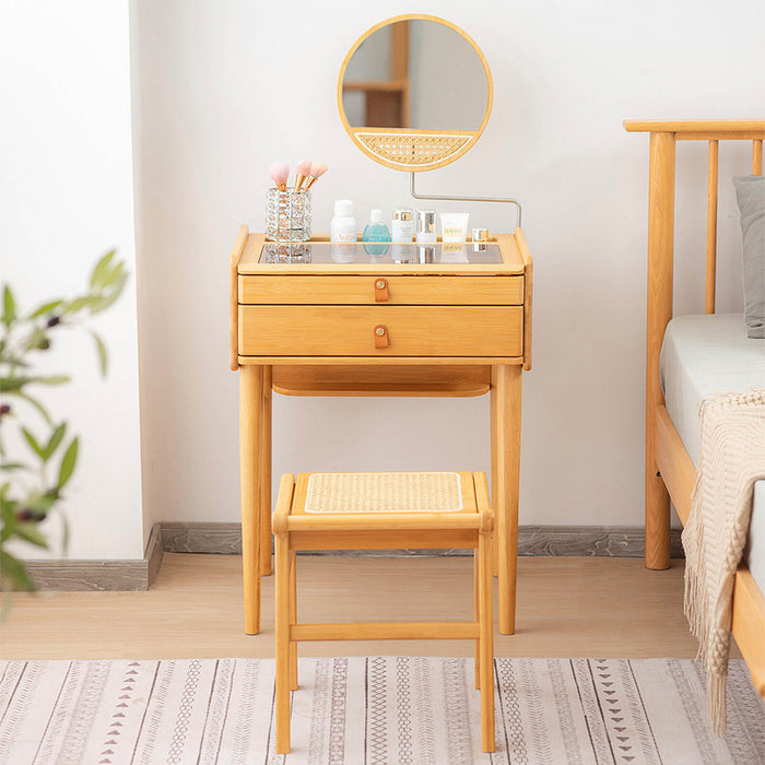 Bamboo Makeup Vanity Table with Stool and Rotating Mirror