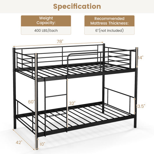 Metal Bunk Bed with Ladder and Full-length Guardrails-Black