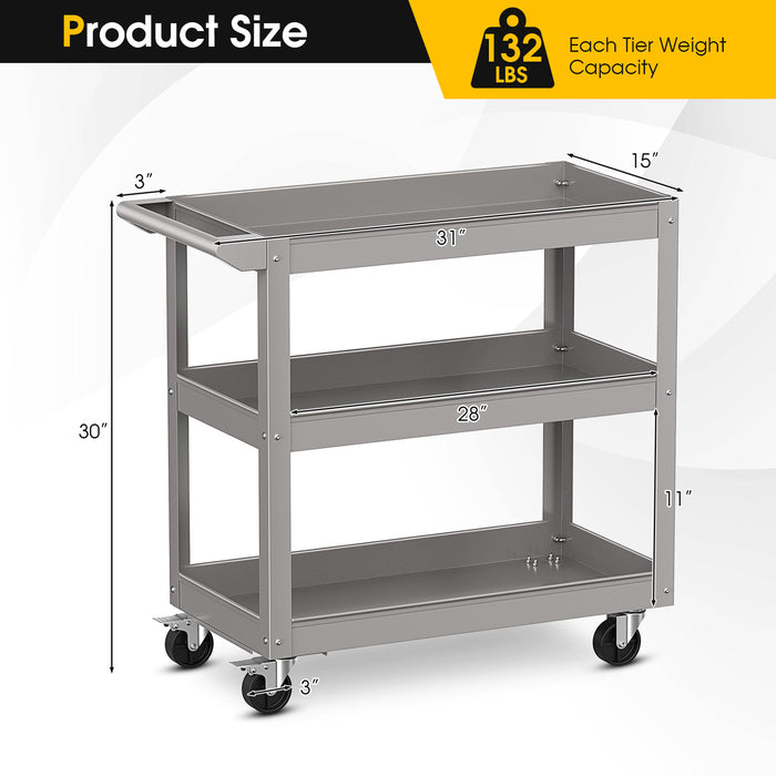 3-Tier Metal Utility Cart Trolley Tool with Flat Handle and 2 Lockable Universal Wheels-Gray