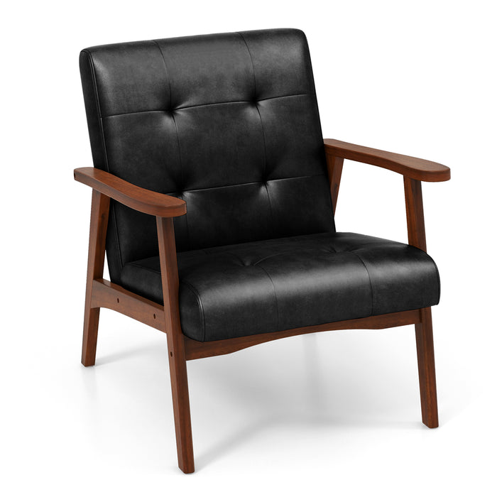 Mid Century Accent Chair with Solid Rubber Wood Frame and Leather Cover-Black