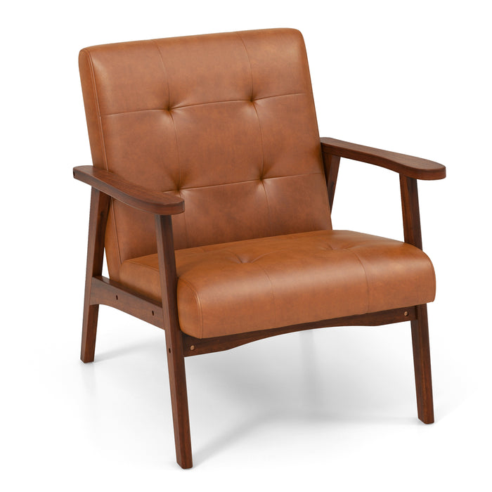 Mid Century Modern Accent Chair with Solid Rubber Wood Frame and Leather Cover-Brown