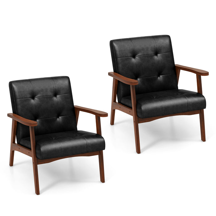 Mid Century Accent Chair with Solid Rubber Wood Frame and Leather Cover-Black