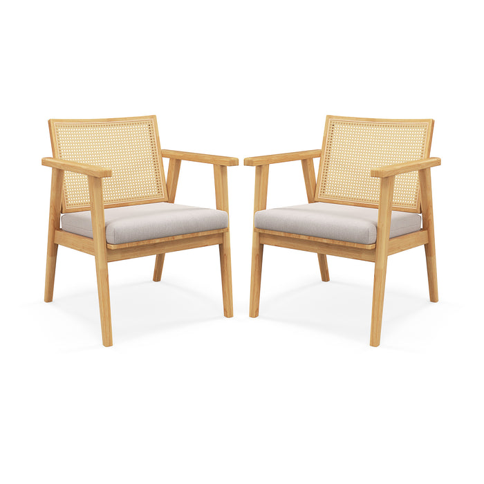 Mid Century Modern Accent Chairs Set of 2 with Breathable Rattan Back-Natural