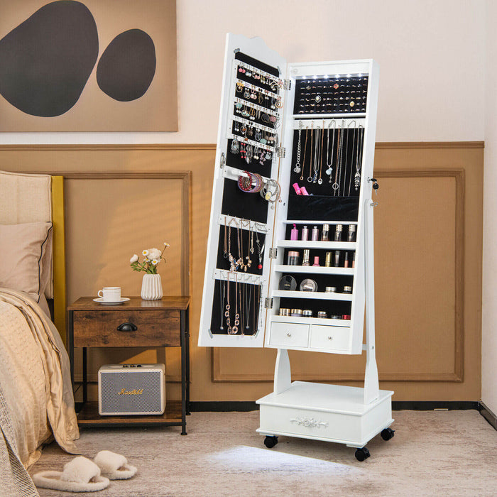 Rolling Floor Standing Mirrored Jewelry Armoire with Lock and Drawers-White