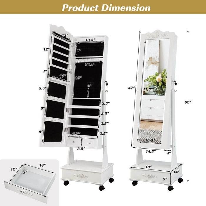 Rolling Floor Standing Mirrored Jewelry Armoire with Lock and Drawers-White