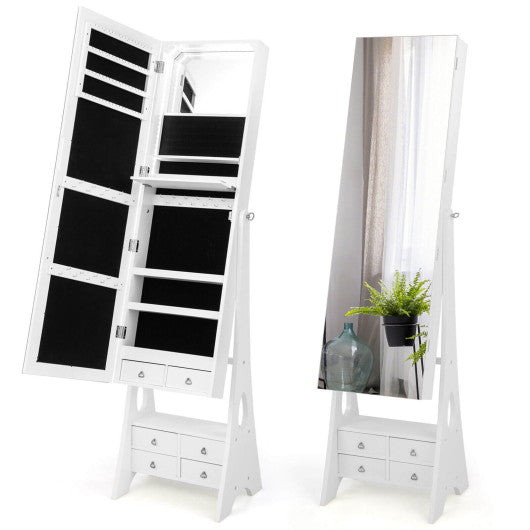 Freestanding Full Length LED Mirrored Jewelry Armoire with 6 Drawers-White