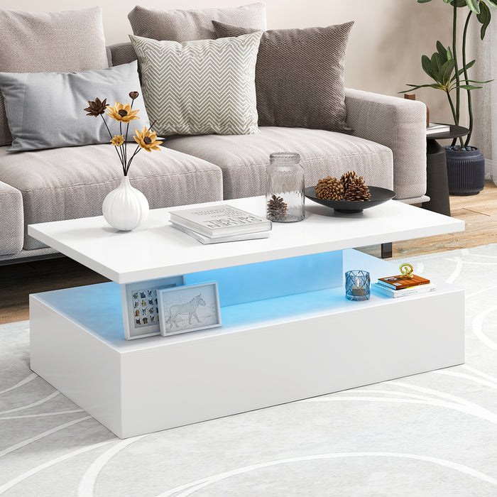 Modern 2-tier High Glossy Table with Adjustable Light Colors for Living Room-White