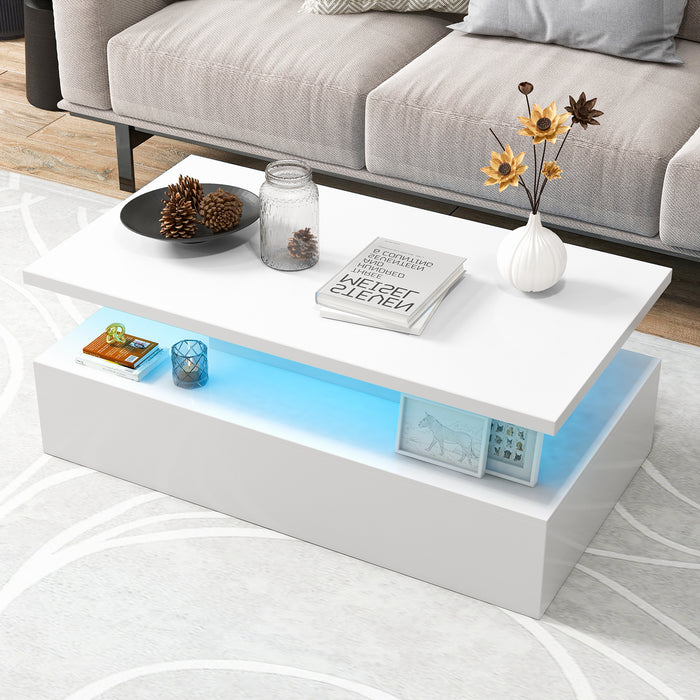 Modern 2-tier High Glossy Table with Adjustable Light Colors for Living Room-White