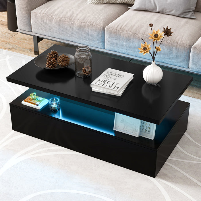 Modern 2-tier High Glossy Table with Adjustable Light Colors for Living Room-Black