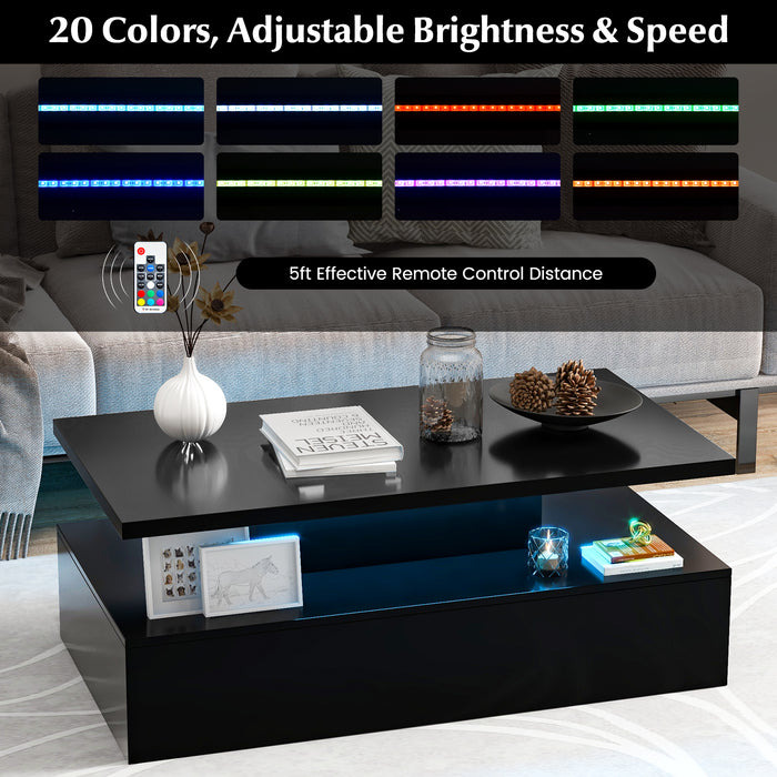 Modern 2-tier High Glossy Table with Adjustable Light Colors for Living Room-Black