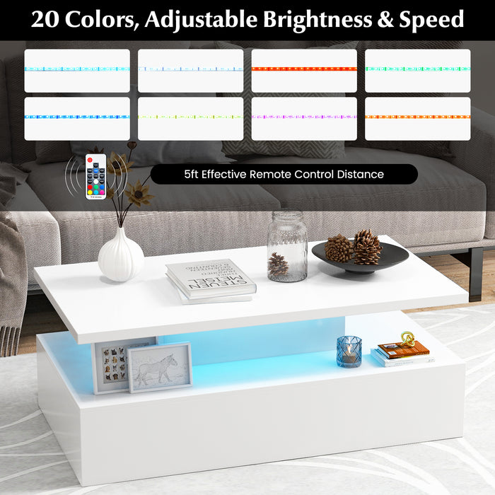 Modern 2-tier High Glossy Table with Adjustable Light Colors for Living Room-White