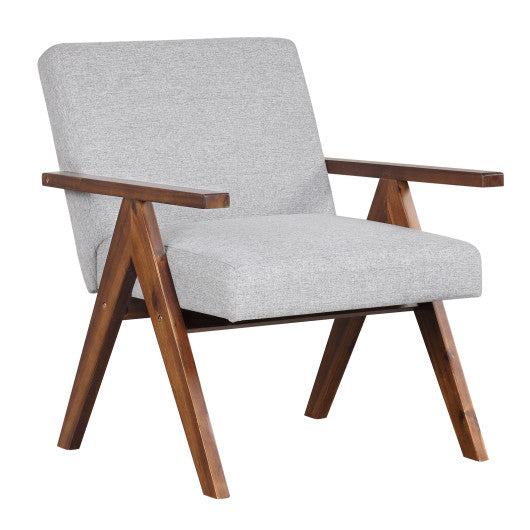 Modern Accent Chair Linen Fabric Armchair with Solid Acacia Wood Frame-Gray