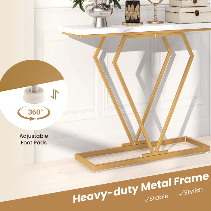 Gold Console Table with Diamond Shape Geometric Frame-White