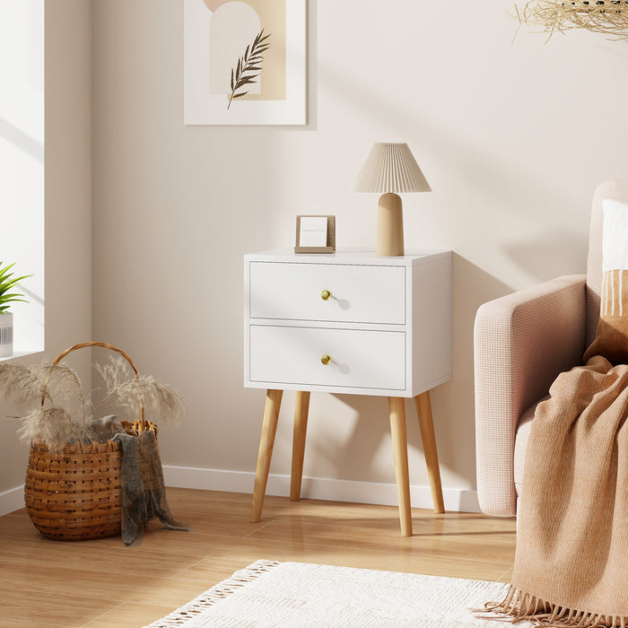 Mid Century Modern 2 Drawers Nightstand in Natural-White