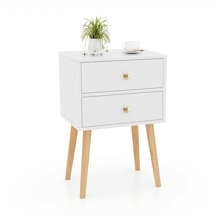 Mid Century Modern 2 Drawers Nightstand in Natural-White