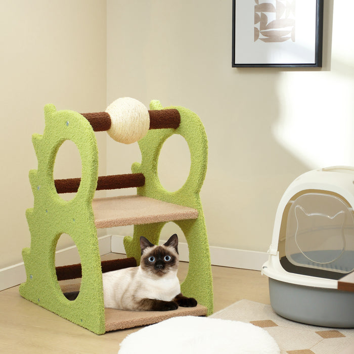 2-Tier Modern Cat Tree for Indoor Cats with Rotatable Sisal Scratching Ball-Green