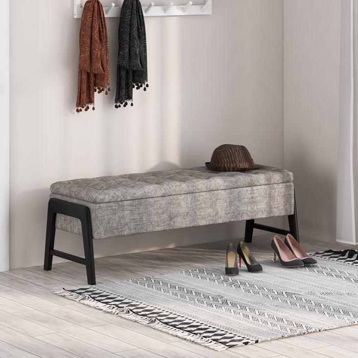 Modern Chenille Storage Bench with Solid Rubber Wood Legs-Gray