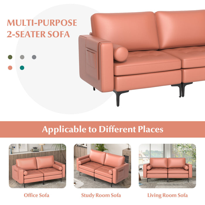 Modern Loveseat Sofa with 2 Bolsters and Side Storage Pocket-Pink